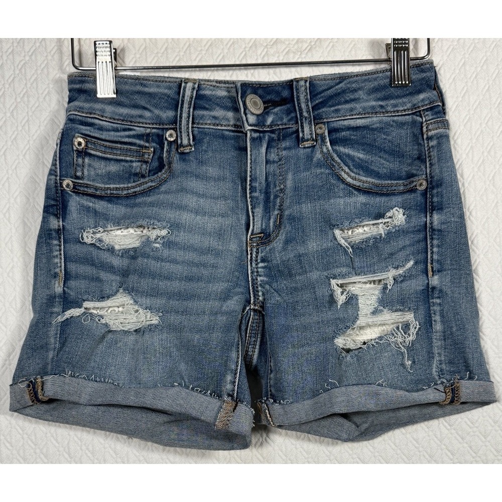 American Eagle Shorts Womens 0/24 Midi Short Blue‎ Distressed Frayed EUC